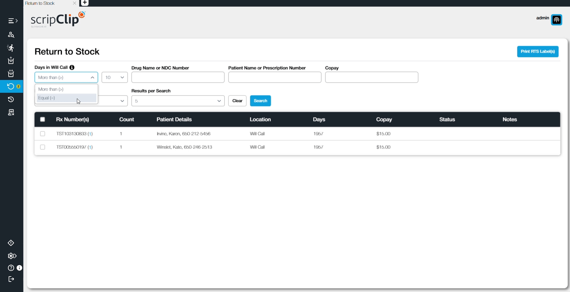 scripClip - Return to Stock set days in will call